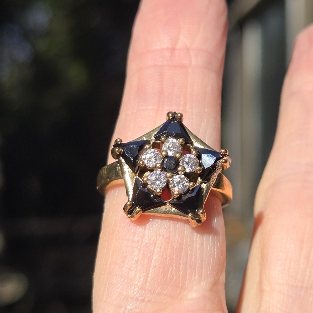 Black onyx & white Topaz star Sterling Gold & Bronze ring sz8 - Picture 3 of 10